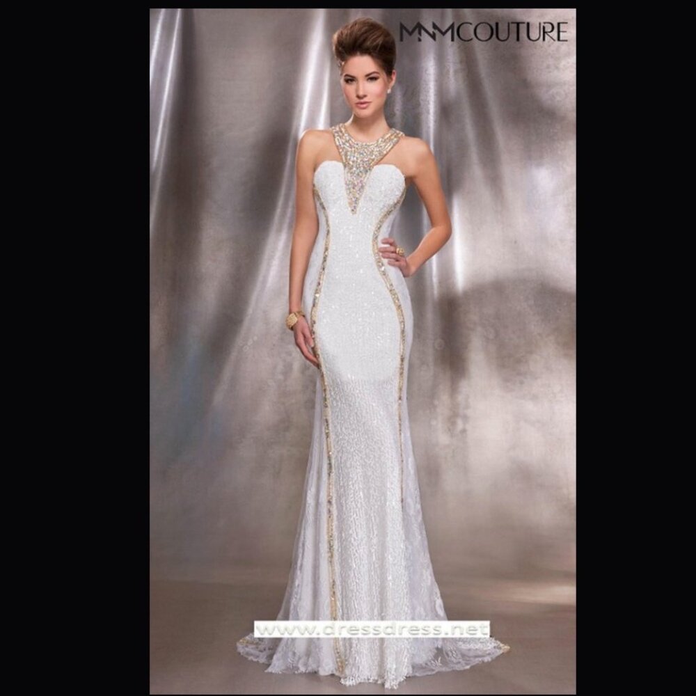 MNM Couture White/Gold Sequin/Lace Evening Couture Halter Top Dress  Sz 18